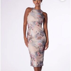 SKYLUR FLORAL MESH MIDI DRESS - S